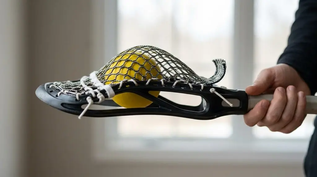Close-up side view of a lacrosse head held horizontally with a yellow ball in the pocket, showing the ball's position relative to the sidewall.