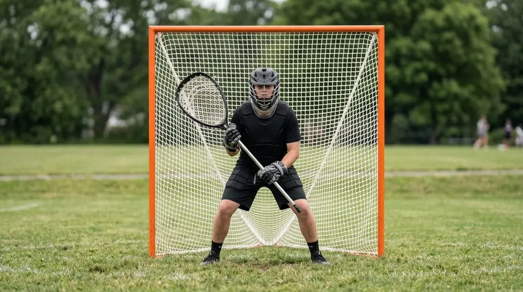 A lacrosse goalie in helmet, chest protector and padded gloves standing ready in the crease of an orange-framed regulation goal.
