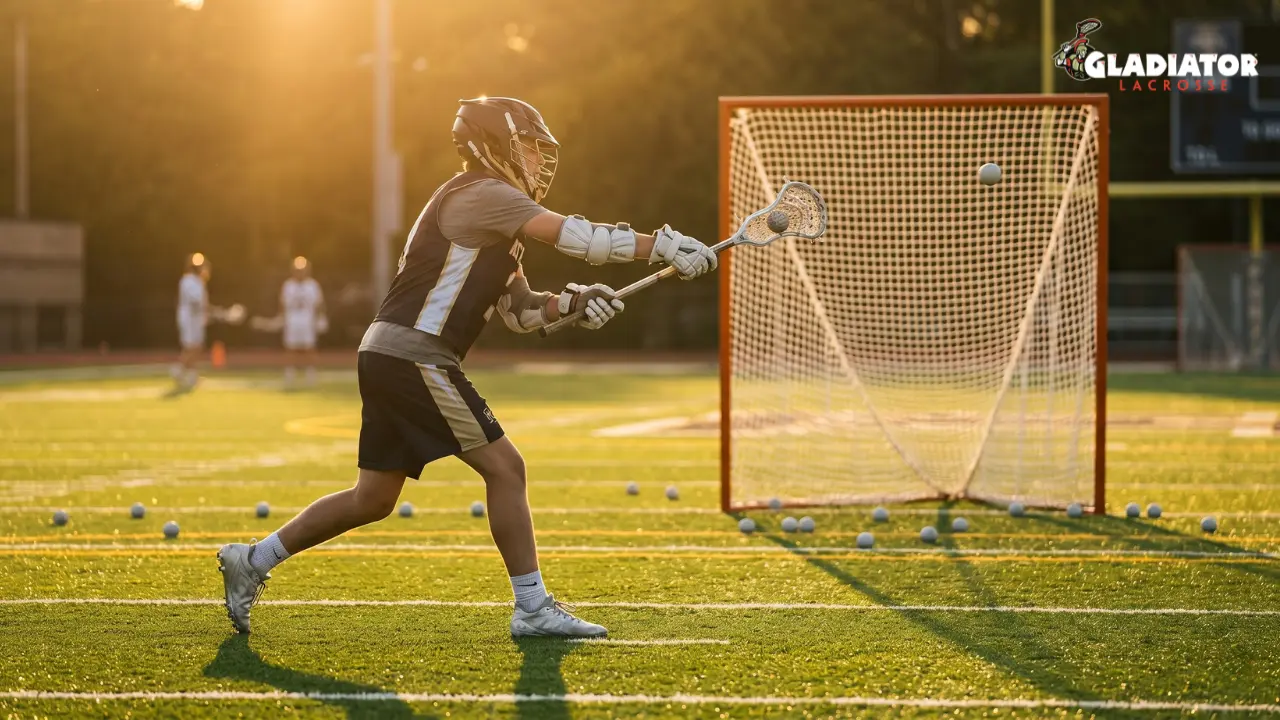 Youth lacrosse attack player shooting toward a regulation goal during golden hour practice on a green turf field