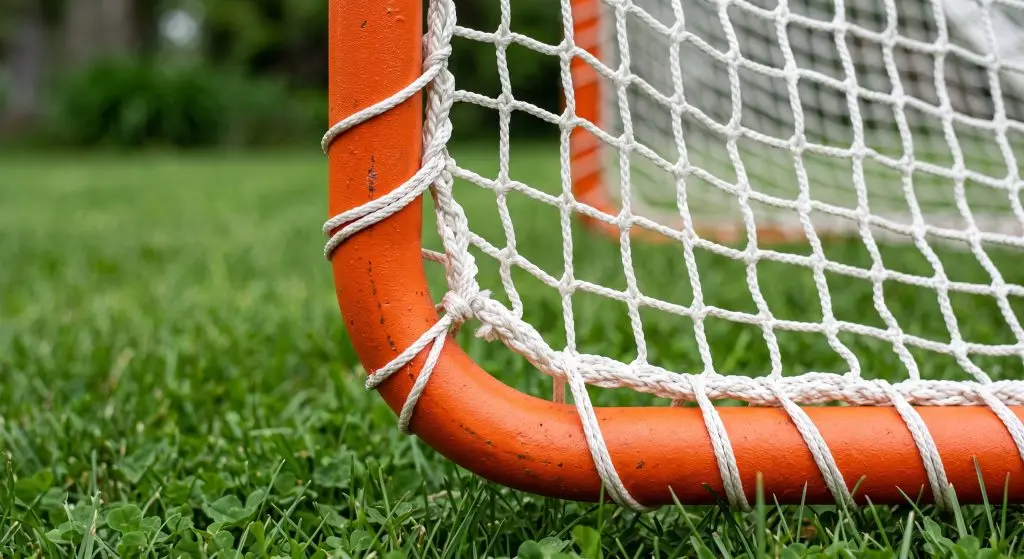 Close-up of the rounded top corner of an orange steel lacrosse goal wrapped in white lacing cord, with a white square-mesh net laced tightly to the frame and extending back.