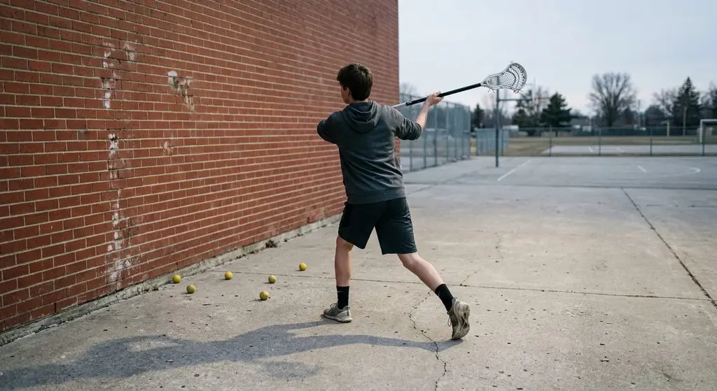 A teenage lacrosse player throwing against a plain brick wall on an empty concrete yard, with several yellow balls resting on the ground at their feet.