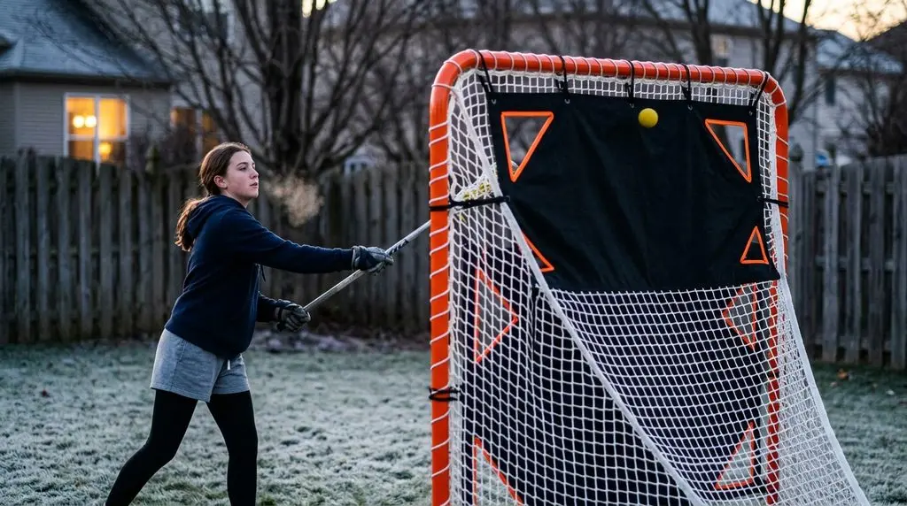 A young lacrosse player shoots at an orange backyard lacrosse goal fitted with a black shooting target on a frosty evening.