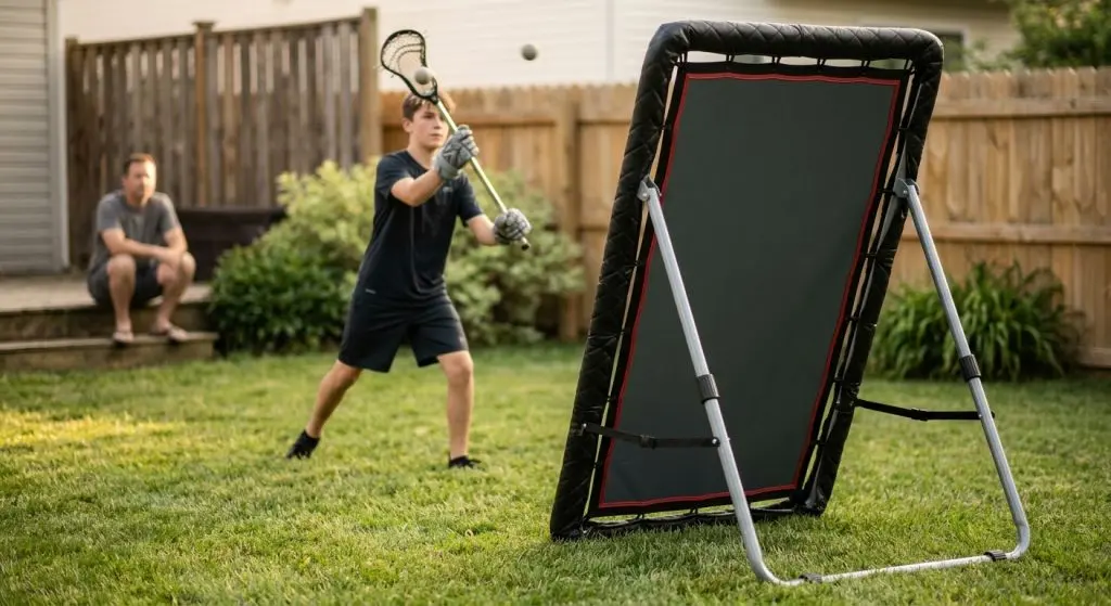 A young lacrosse player catching a ball in a backyard beside a free-standing rebounder with a dark rebound panel, padded black border and grey folding legs, with a parent watching from the back step.