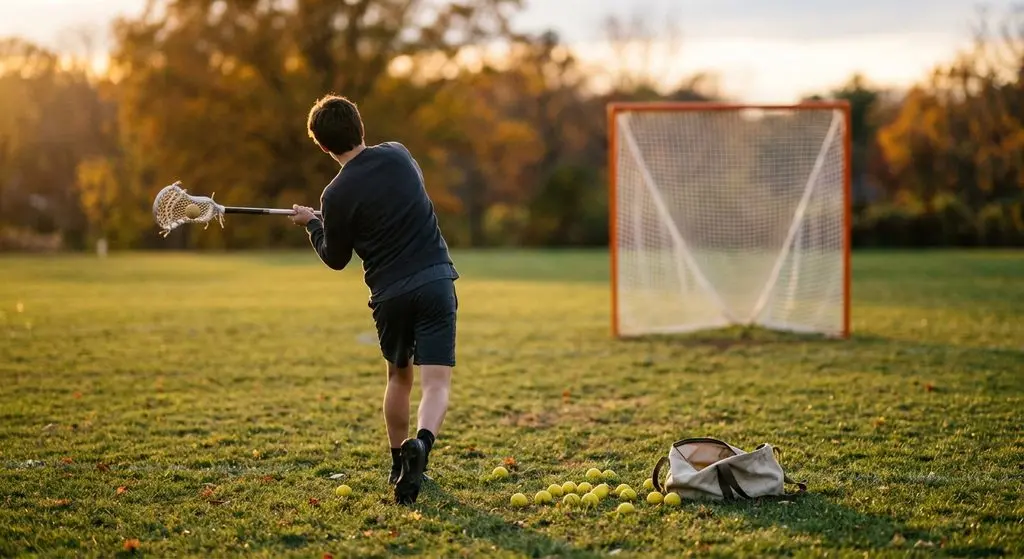 A lone lacrosse player mid-throw on an empty autumn field at dusk, with yellow balls scattered on the grass, an open ball bag nearby and a goal blurred in the background.