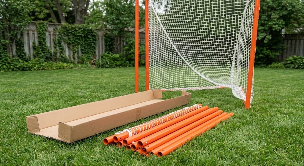 A lacrosse goal part-way through assembly on a lawn, with orange steel pipe sections and their snap connectors laid out on the grass beside an open shipping carton.