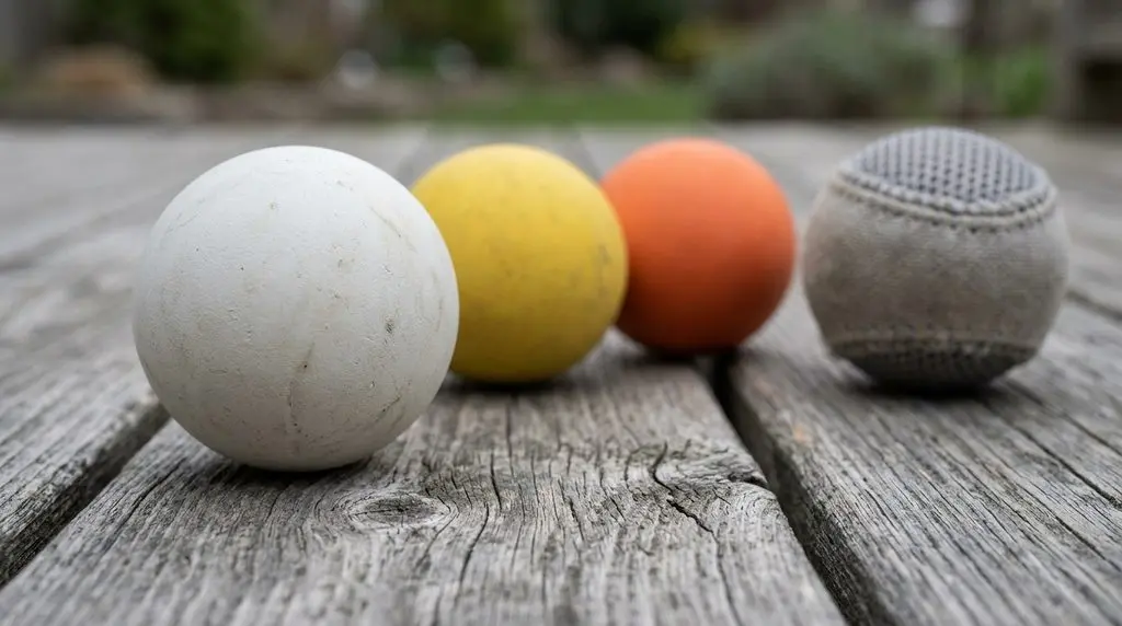 Three solid rubber lacrosse balls in white, yellow and orange on weathered wood decking, with a fabric-covered soft training ball behind them showing the difference in surface and construction.
