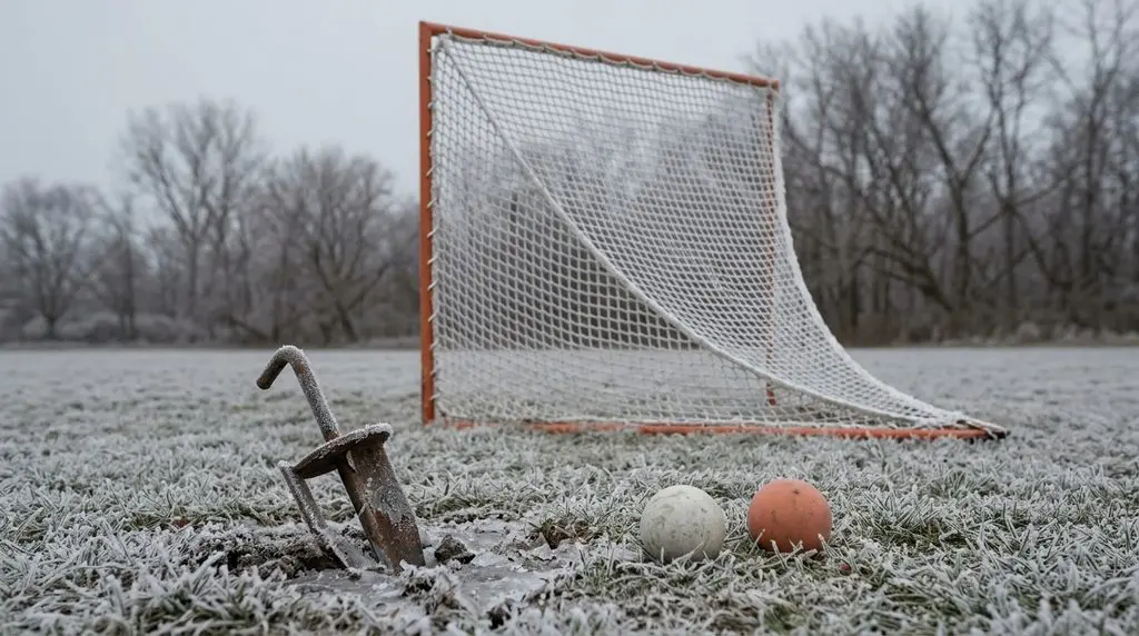 An orange lacrosse goal with frost-covered white netting on a frozen field, with a ground anchor partly lifted out of the hard soil and two lacrosse balls on the frosted grass beside it.