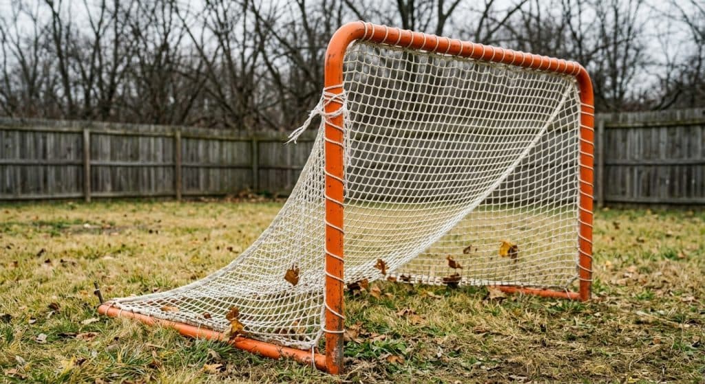 An orange-framed lacrosse goal on a late-autumn lawn with fallen leaves caught in its white net and a loose section of lacing visible near one corner.