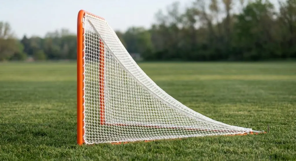 Side view of a regulation 6x6 lacrosse goal with an orange steel frame and white net, showing the netting running back from the goal line and anchored to the ground behind it.