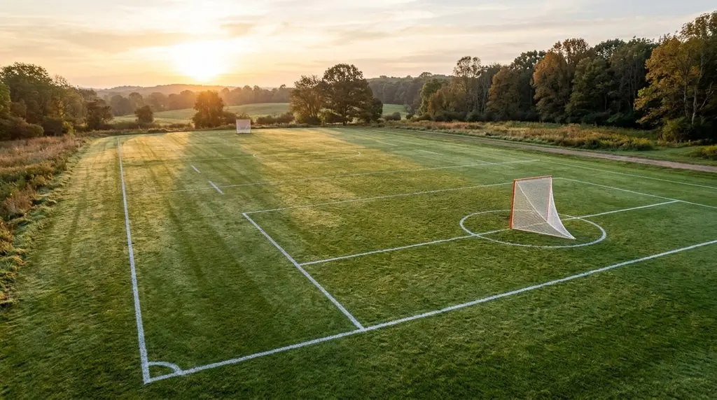 An empty freshly lined lacrosse field at sunrise, showing the painted crease circle and an orange-framed regulation goal with a white net.