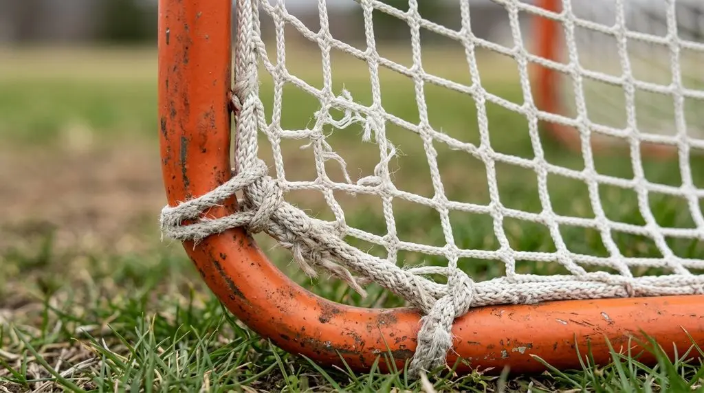 Close-up of a worn white lacrosse net at the base of an orange goal frame, showing a small hole in the mesh and frayed lacing cord.