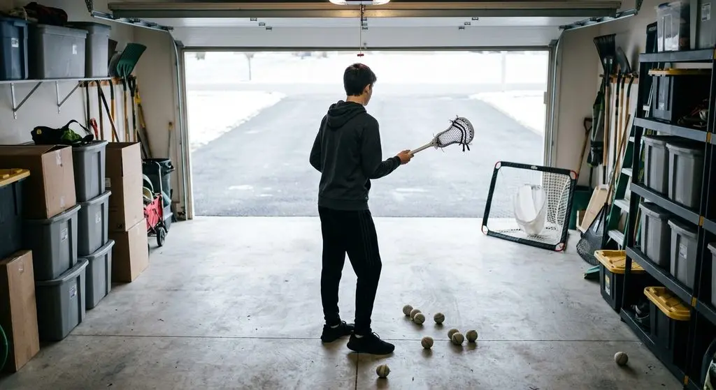 A young lacrosse player cradling in a cleared garage lane in winter, with soft fabric-surfaced training balls on the concrete floor and a small catching target propped against the back wall.