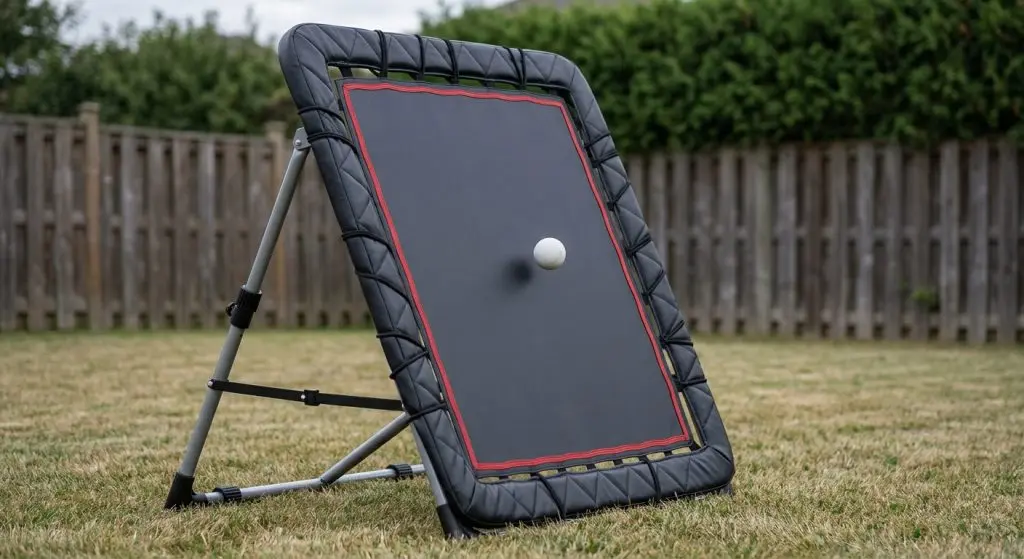 A free-standing lacrosse rebounder set up on a suburban backyard lawn, photographed at a three-quarter angle so the full front-to-back spread of the folding A-frame stand is visible. The unit is a tall portrait-orientation rectangular panel with grey-silver tubular steel legs, black rubber feet and black adjustment collars, and a cross-brace between the legs. A thick black quilted padded vinyl border wraps the panel, attached to the frame by visible black bungee loops around the entire perimeter, framing a solid taut dark charcoal rebound surface with a thin red outline around the inner rebound area. A lacrosse ball is caught mid-air a few feet in front of the panel, motion-frozen. Soft overcast afternoon light, mown grass, blurred fence and hedge behind. No people in frame. Absolutely no logos, brand names, wordmarks, readable text or insignia anywhere in the shot. Shot on a professional DSLR, 50mm lens, f/4, natural diffused light, realistic materials and grass texture, clean product-in-situ photography style.