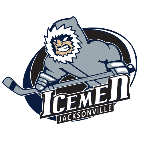 Mascot of IceMen Jacksonville hockey team with a lion wearing a hoodie and holding a hockey stick.