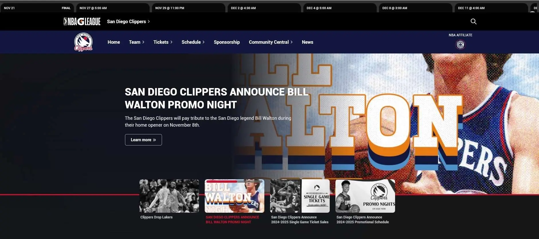 Banner promoting San Diego Clippers team event and Bill Walton.