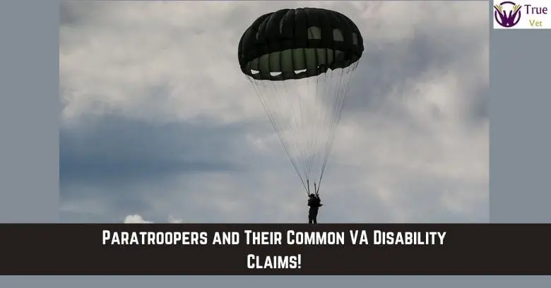 Paratroopers and VA disability claims Paratrooper descending with parachute against cloudy sky.