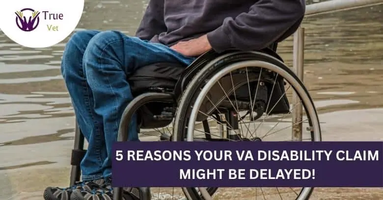 Wheelchair user by water with text overlay Wheelchair user sitting by water with dock in background, promoting VA disability claim awareness.