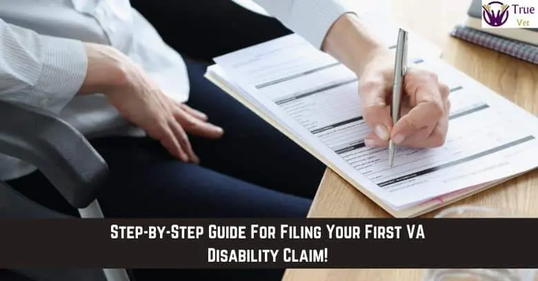 Veteran filling out VA disability claim form at desk.