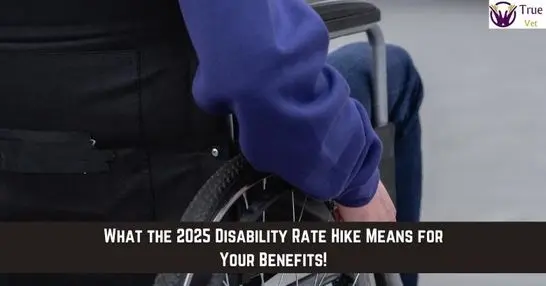 Close-up of a veteran in a wheelchair with a caption about disability rate increase.