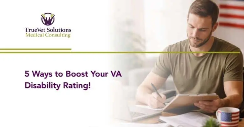 Veteran reviewing VA disability options on tablet for improved rating.