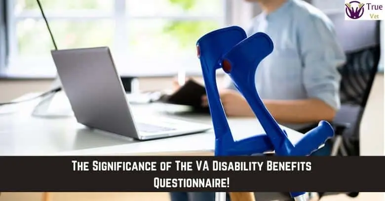 Veteran Using Laptop for VA Benefits Questionnaire Veteran working on VA disability benefits questionnaire with laptop and crutches.