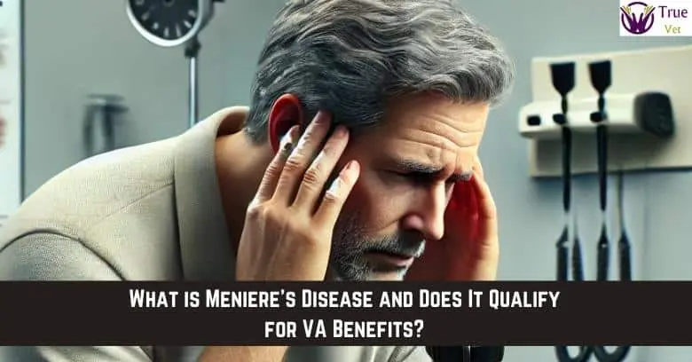 Menière’s disease and VA benefits explanation Man with Menière's disease holding his head in a medical setting.