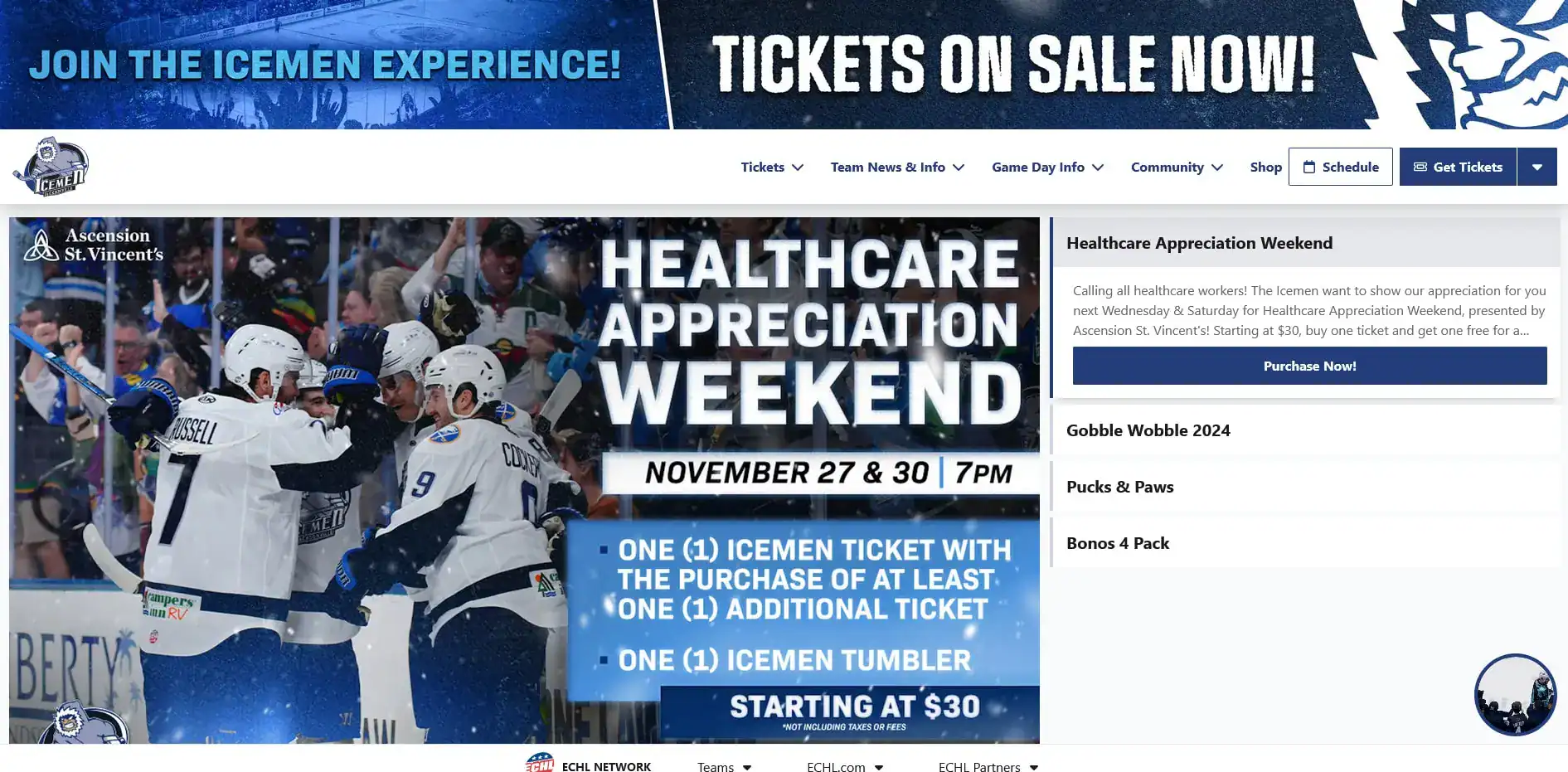 Healthcare Appreciation Weekend event banner with hockey players celebrating.