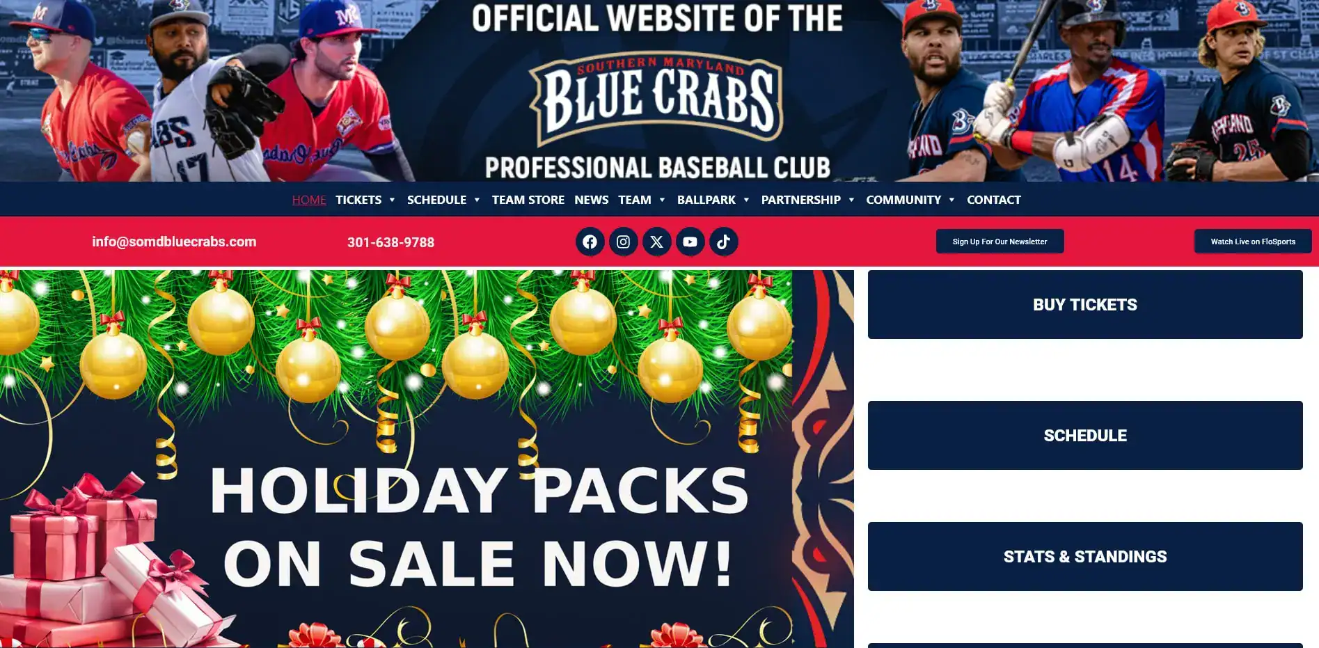 Official Blue Crabs baseball team logo with fans in stadium background.