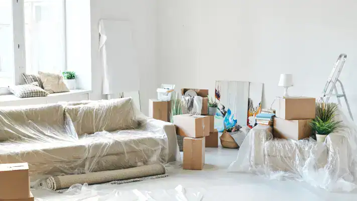 Furniture and accessories are covered or moved