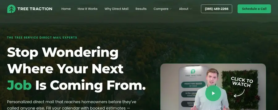 Tree Traction website homepage, Brayden Fielding tree service marketing agency
