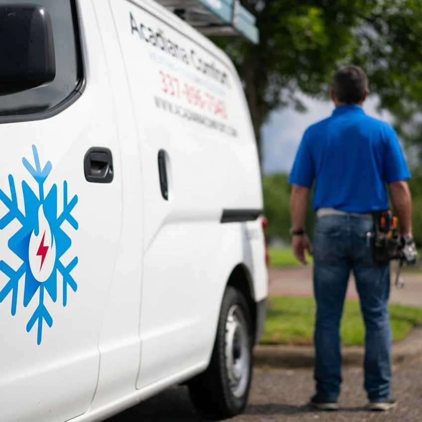 Technician standing by Acadiana Comfort service truck