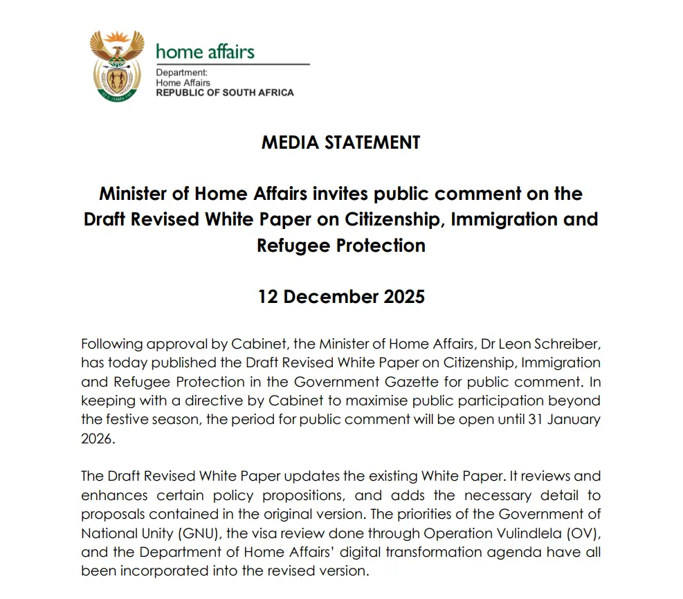 Media Statement: Minister of Home Affairs invites public comment on the Draft Revised White Paper.