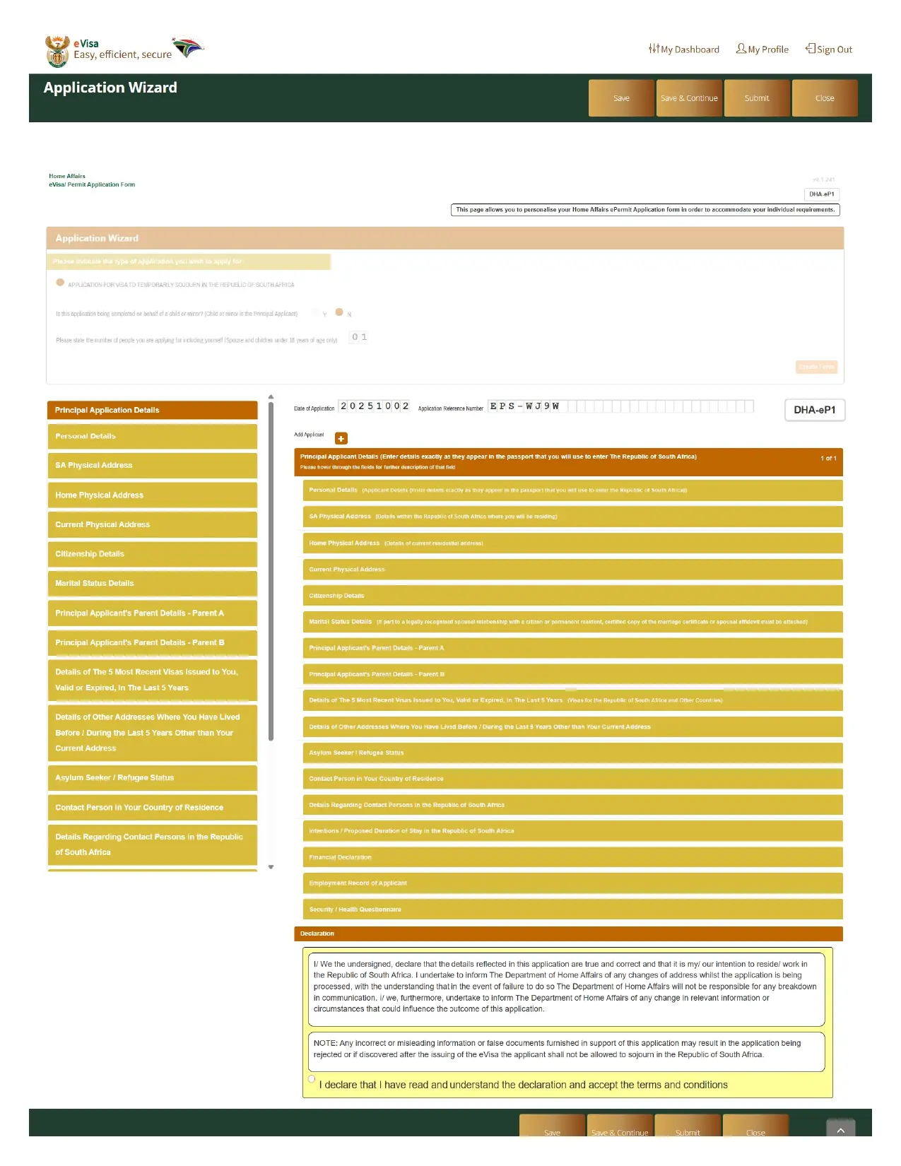 Screenshot of the ETA online application form on the official DHA website