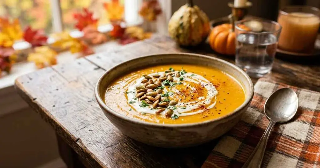 Fall Butternut Squash Bisque with Toasted Pumpkin Seeds