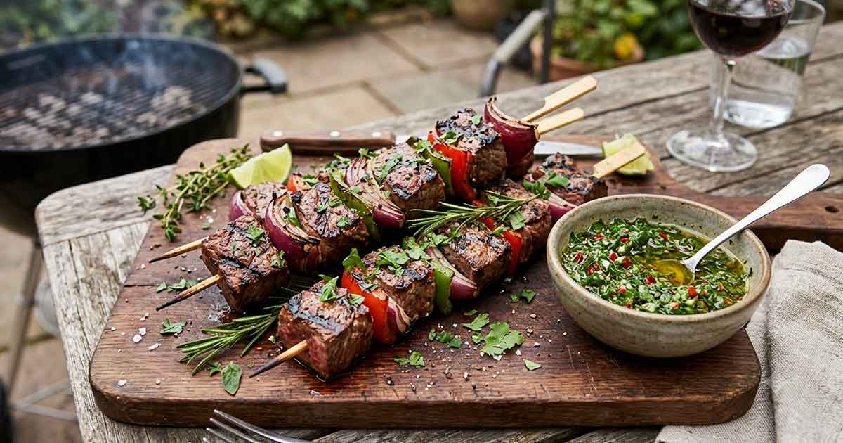 Grass-Fed Steak Skewers with Garlic Herb Chimichurri