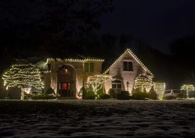 all white led lights decorating trees and roofline