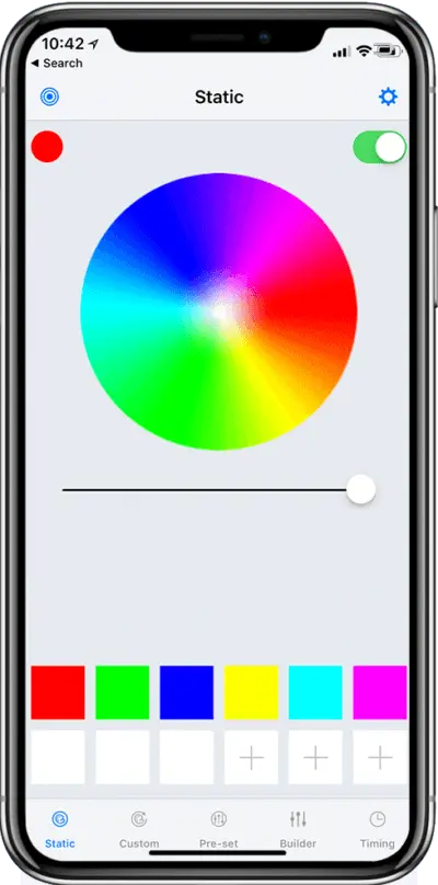 app screen shot of color changing lights with a full color wheel