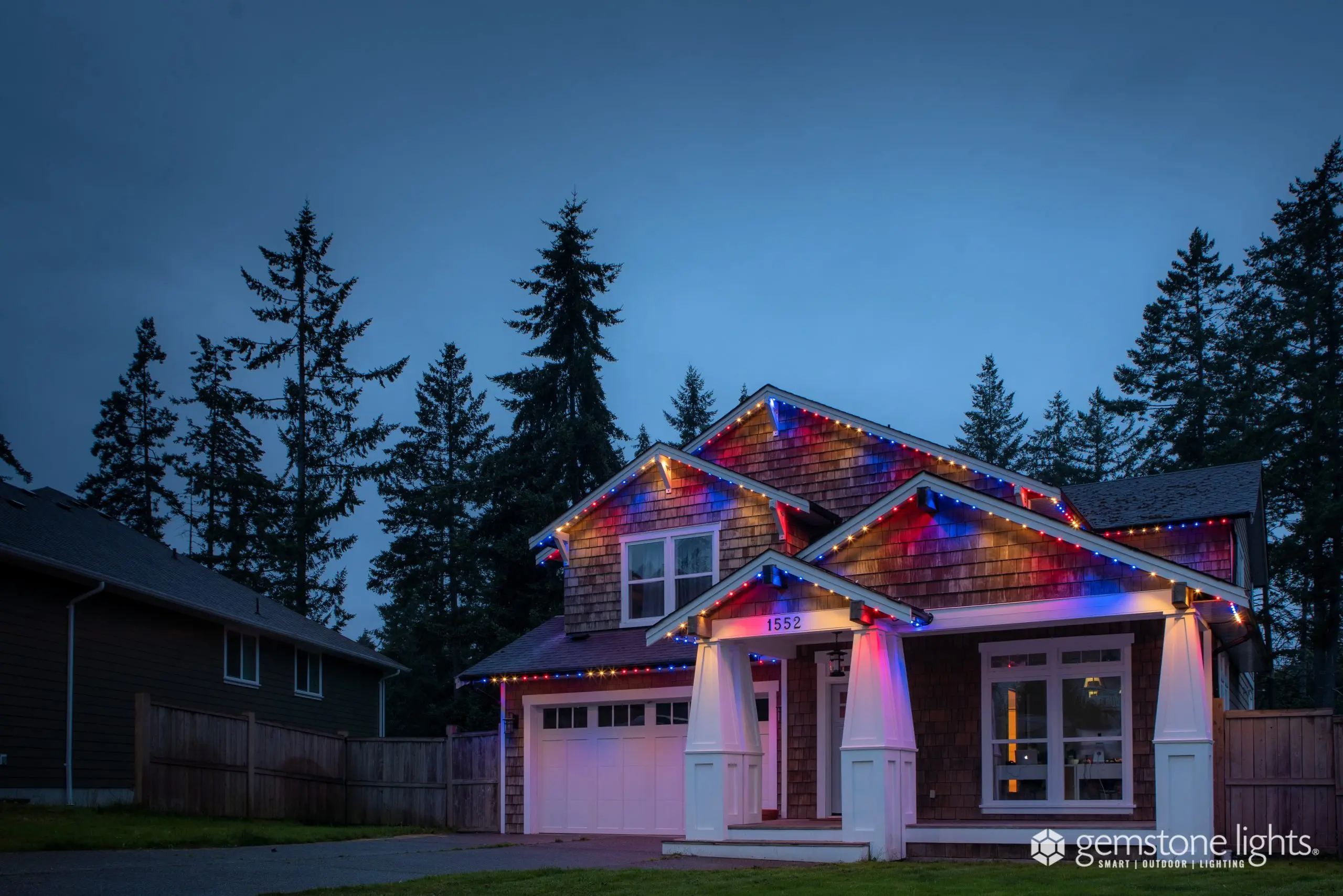 4th of july color changing soffit lights on a home