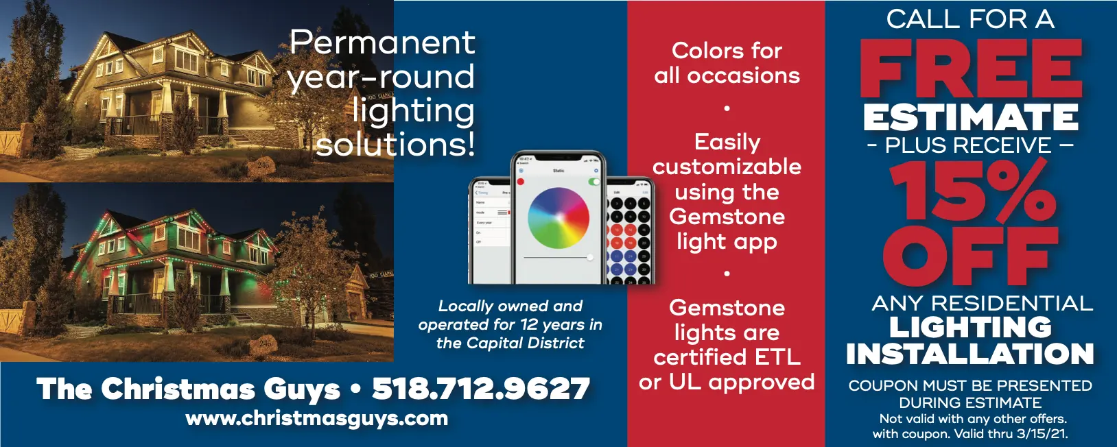 Color changing outdoor lights installed in the soffits of a home
