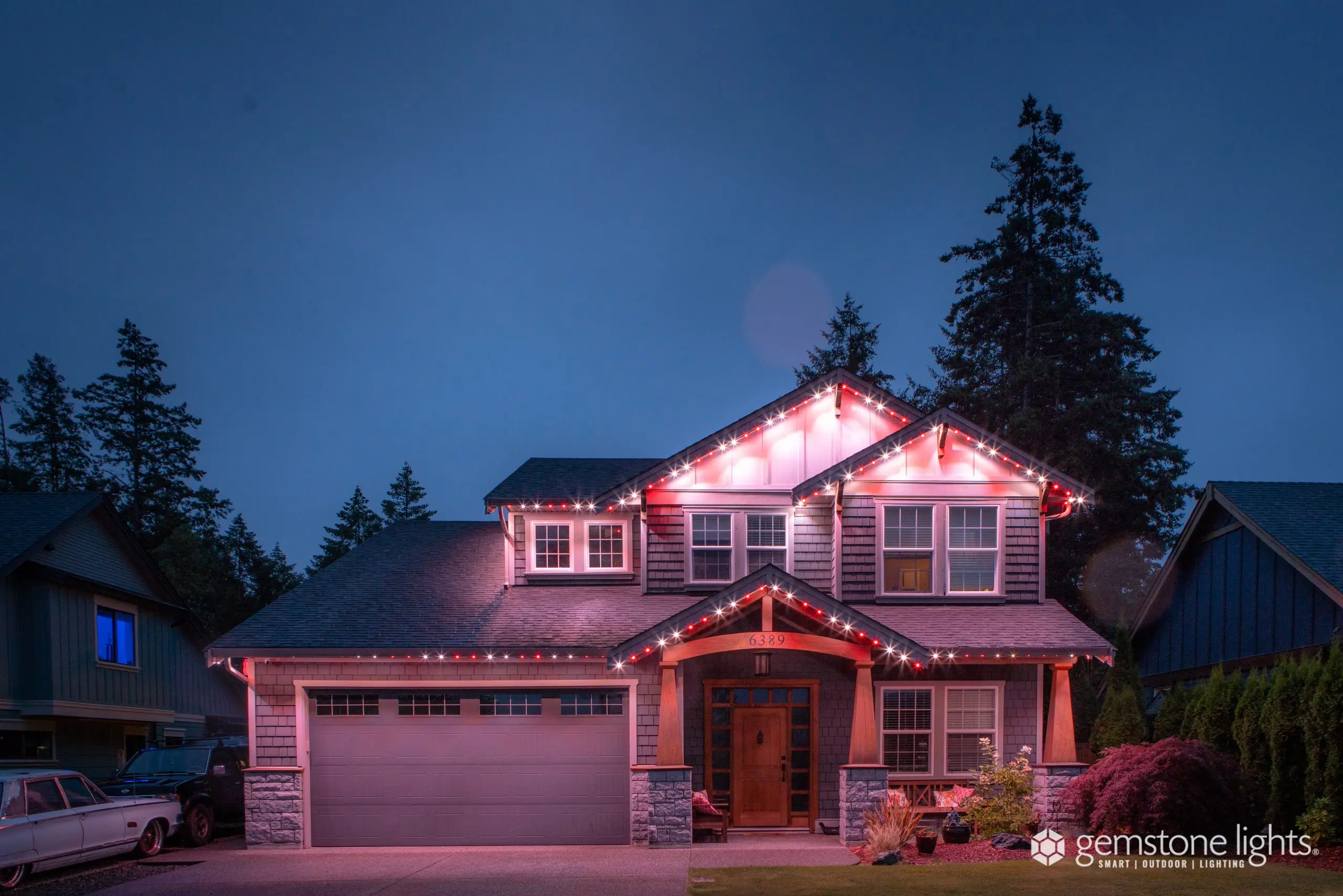 Permanent Halloween lights on a home that change color with an app 