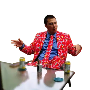 Matthew Martoccio in a red Christmas suit