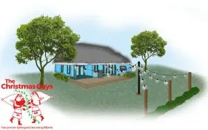 backyard lighting with string lights in a center post or tent pole style