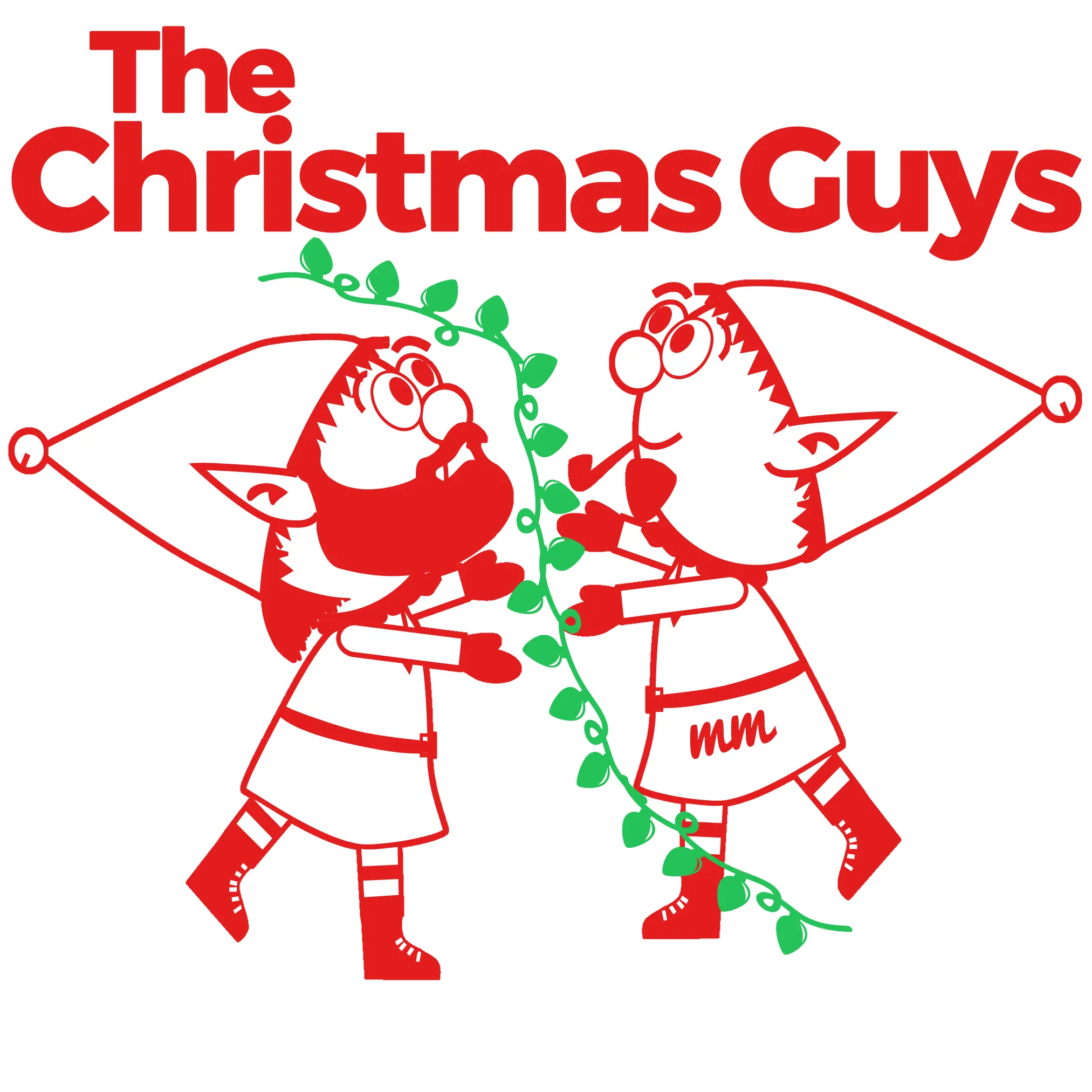 logo for the christmas guys with two elves hanging lights and the words the christmas guys on top