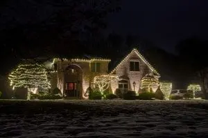 all white led lights decorating trees and roofline