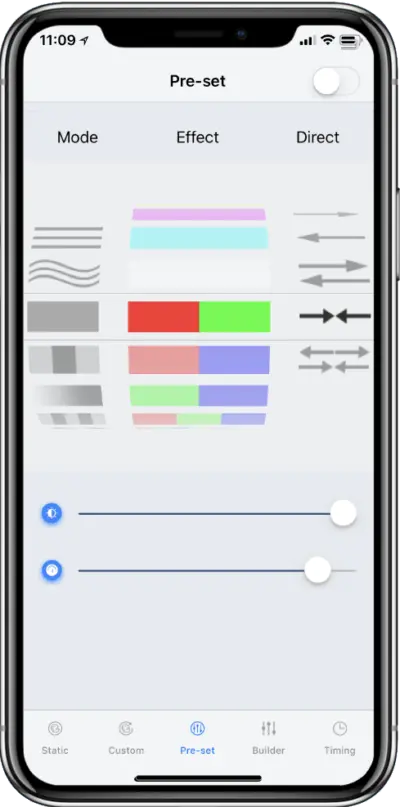 screen shot of pre set patterns and colors for color changing lights outside