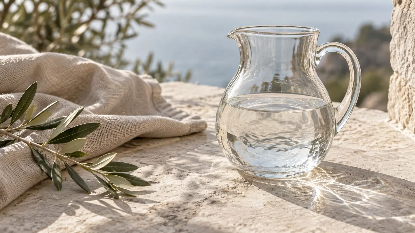 Clear glass pitcher of water on sunlit limestone beside natural linen and an olive branch