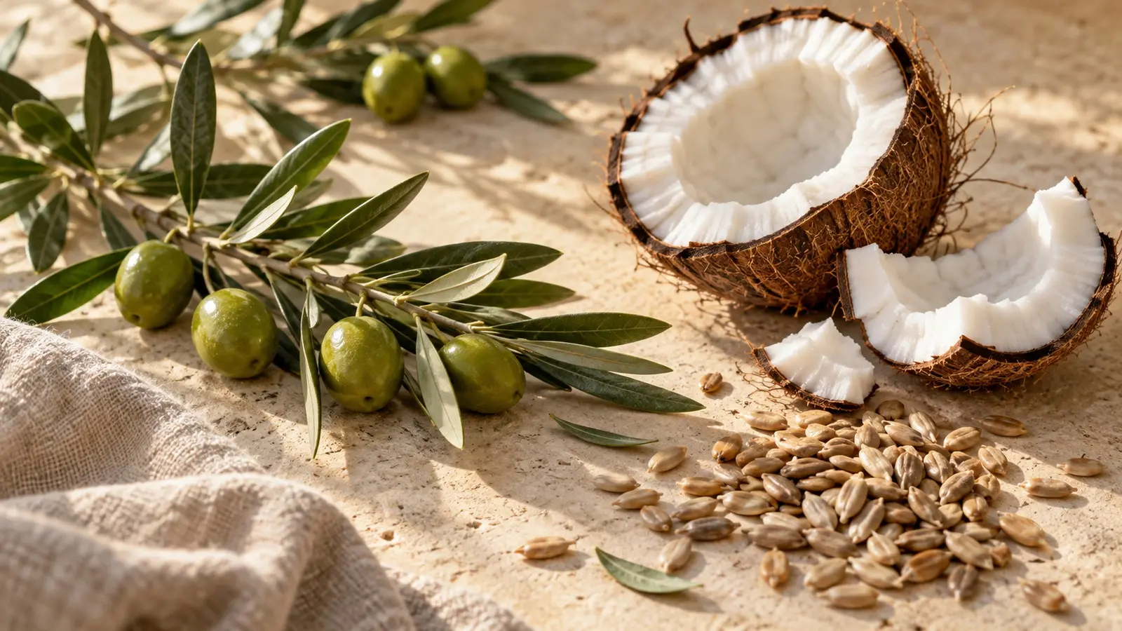 Olive branches, coconut pieces, and sunflower seeds on warm limestone beside natural linen