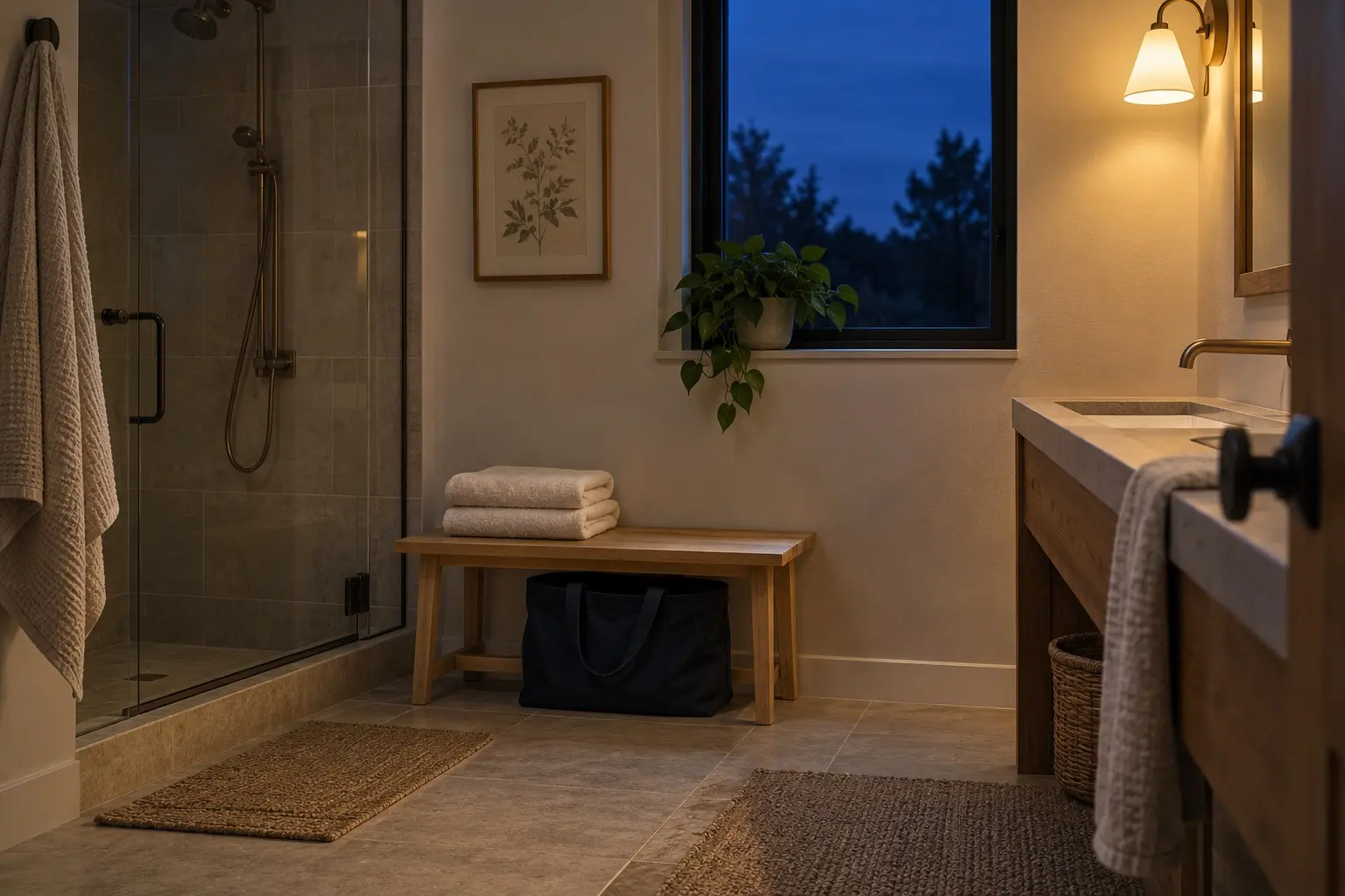 Warmly lit bathroom at blue hour with folded towels, a work bag, and a leafy plant beside the window