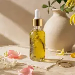 Golden botanical face and body oil in a clear glass dropper bottle with decorative metallic accents