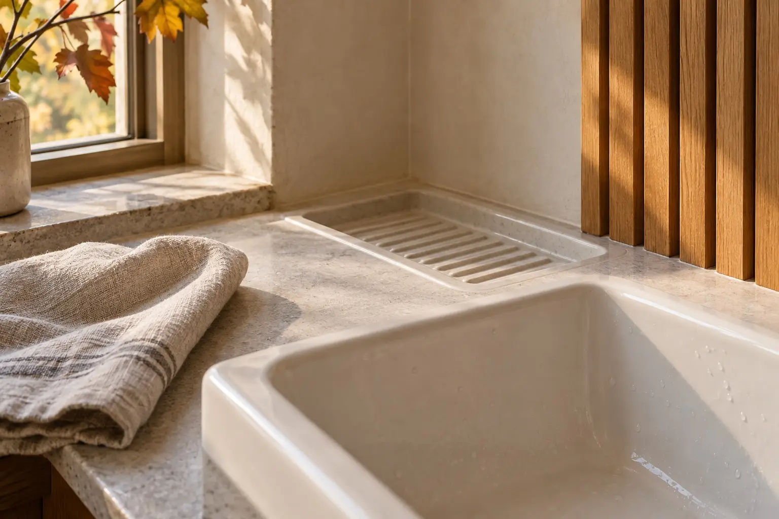 Sunlit bathroom sink with a built-in draining ledge, linen towel, and warm wood details